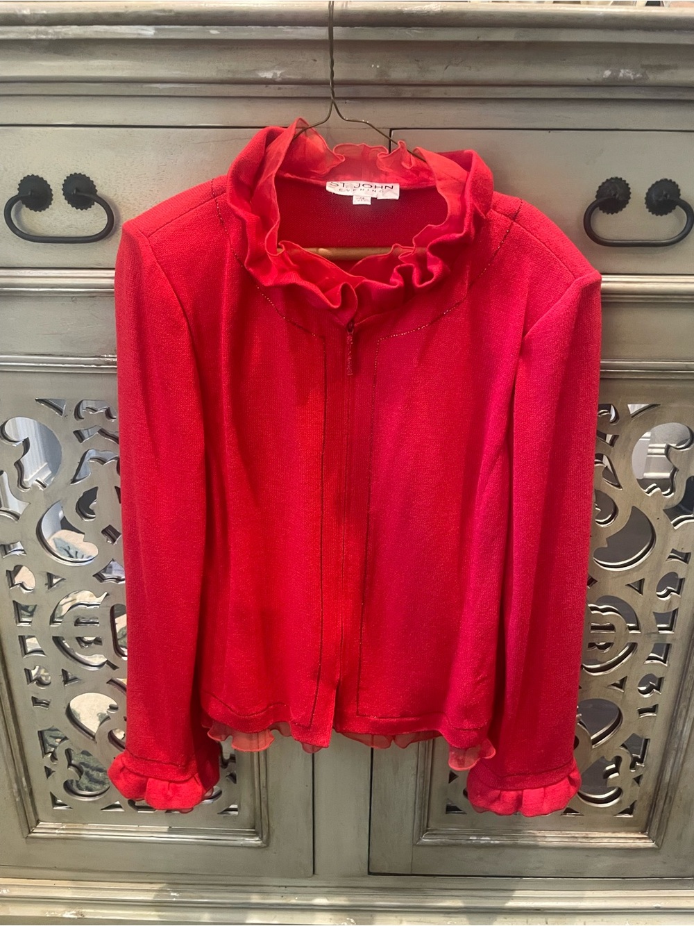 St. John Evening Red Ruffled Collar Zip-Front Top